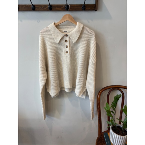 Elodie Sweaters - Elodie Cream Ribbed Knit Collared Button Up Sweater with Tortoise Buttons